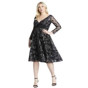 NWT Mac Duggal  67541Black LONG SLEEVE ILLUSION SEQUIN EMBROIDERED MIDI Sz 28W